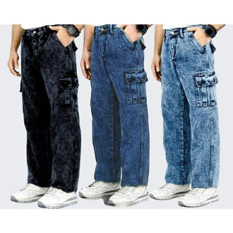 ede-78 celana cargo panjang pria gombrong Korean style loose cargo pants blue jeans kulot pants deni