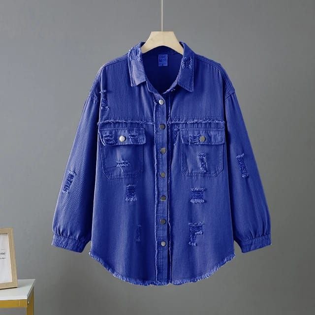 Faris Jaket Denim Kemeja Jacket Jeans Oversize Sobek Lengan Balon Wanita Terbaru Kekinian