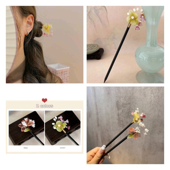 Promo Tusuk Konde Bahan Kayu Akrilik Aksen Bunga Chinese Style H114