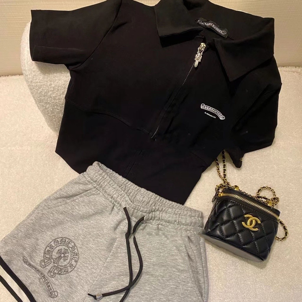 [Atasan + Celana] Setelan CHROME HEARTS Kaus Hitam Wanita Abu-abu Fashion Santai Baru dengan Celana 
