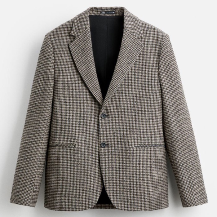 Z A R A Men Blazer Houndstooth Jas Pria Lengan Panjang Sand