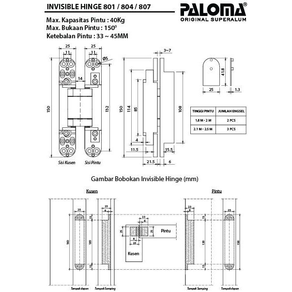 Engsel Hinge Paloma Concealed P40 Na #Engsel Tanam Pintu / Ihp 801 Original Dan Terpercaya