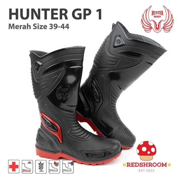 Sepatu Boots Tinggi HUNTER GP 1 BLACK/RED Shoes Karet Pria Hitam Kerja