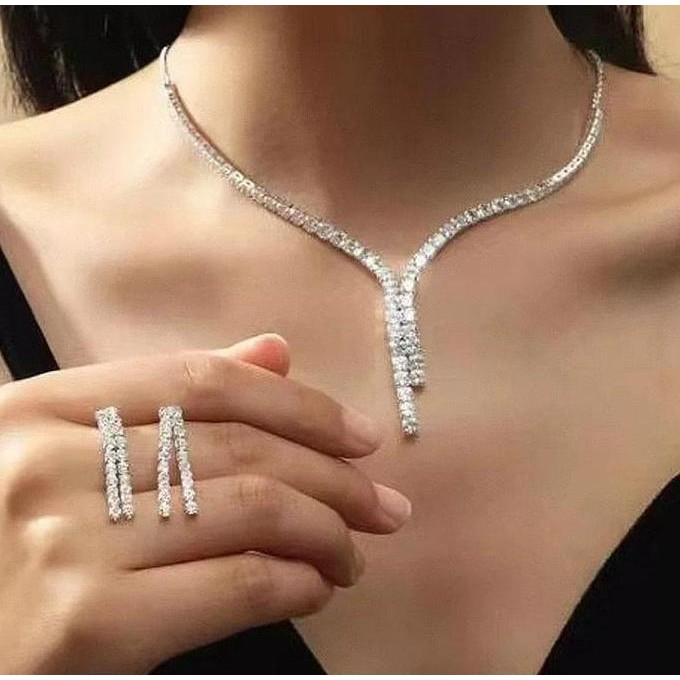 Terlaris Kalung Crystal Set Anting - Kalung Pernikahan - Kalung Anting Liontin - Aksesoris Pengantin