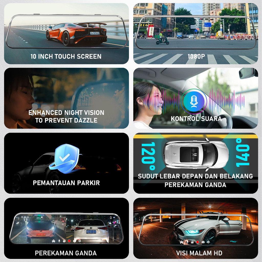 Auoralife Dashcam Mobil 1080P HD 10 Inch WiFi Layar Sentuh IPS Night Vision Dual Lens Perekaman Loop