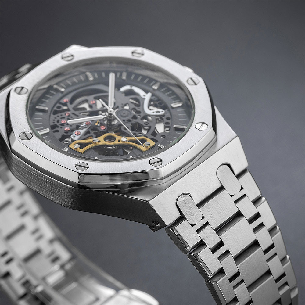 Brand Mechanical Men Wristwatch Skeleton Luminous Pointer Brushed Stainless Steel Powerful Automatic