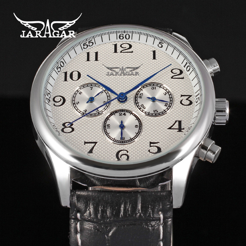 JARAGAR Luxury Replica Six Hands Multifunctional Automatic Man Watches Leather Elegant Mechanical
