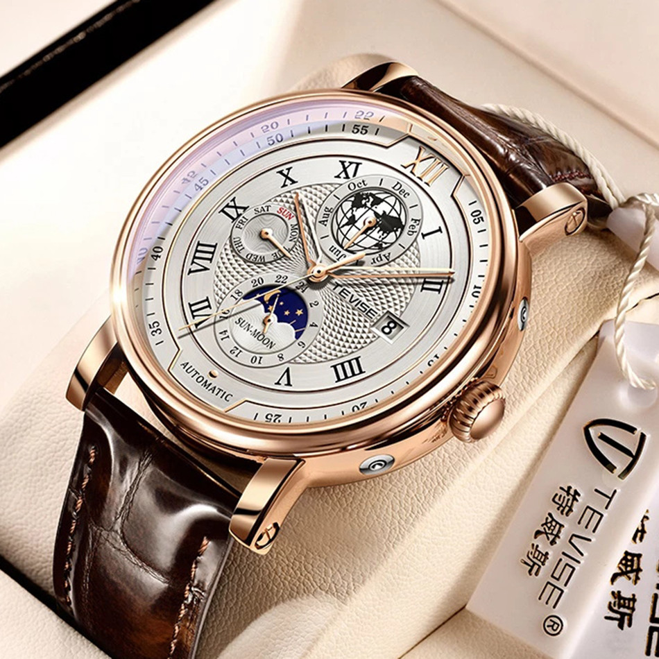 2024 TEVISE Top Brand Luxury Leather Watch For Men Business Waterproof Mens Mechanical Watches Moon