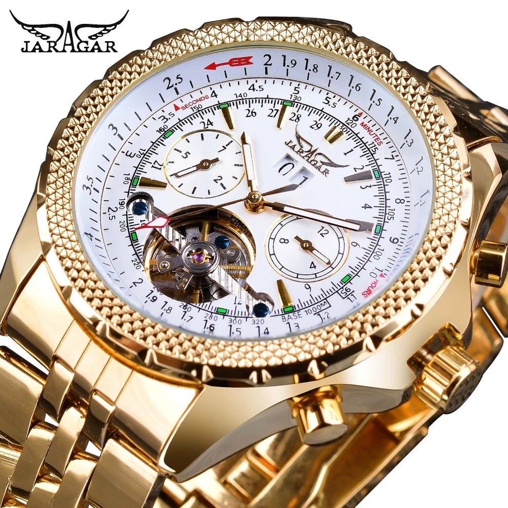 Fashion Jaragar Top Brand Calendar Week Men's Tourbillon Luxury Gold Stainless Steel Automatic