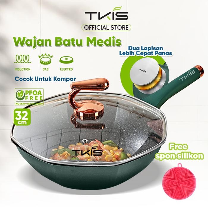 TKIS Wajan Batu Medis Persegi Delapan Free Tutupan Wajan Warna Hijau Model Baru Wajan Kokoh dan