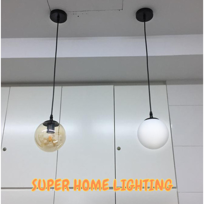 Lampu Gantung Bola Minimalis Amber / Putih Susu Ruang Makan 90810