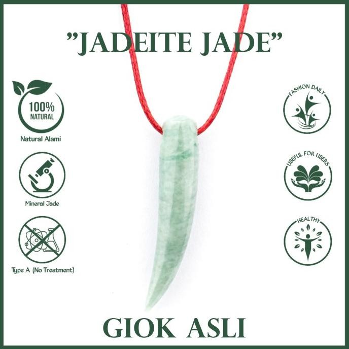 Liontin Giok Hijau Tali Merah Model Taring Gading Kalung Jade Asli