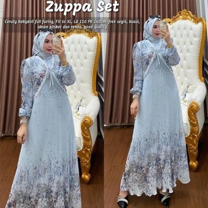 Baju Gamis Wanita Muslim Zuppa Set Dress Jilbab Ceruti Plisket Motif Cantik Fashion Perempuan Dewasa
