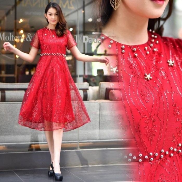 Harga Terbaru New Dress Pesta Wanita Korea Gereja Gaun Dewasa Baju Natal Imlek Murah Sxk33
