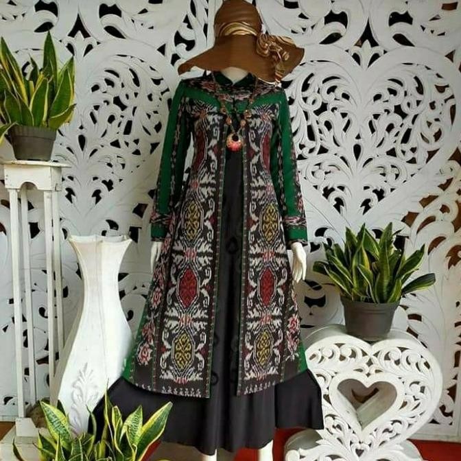 gamis tenun kombinasi hijau etnik Terbaru