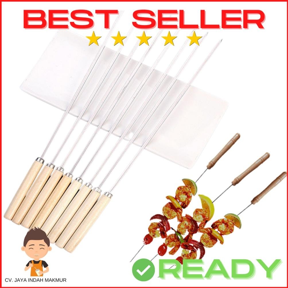 Bisa COD Alat Tusuk Sate STAINLESS Pemanggang Kambing Sapi BBQ Besi Skewer 35cm Tusukan Wood Kurban 