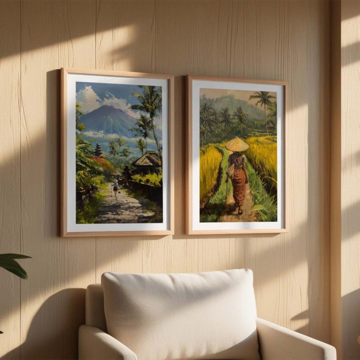 Lukisan Pemandangan Alam Sawah Bali, Bali Nature and Culture Art Print, Lukisan Petani dan Pertanian