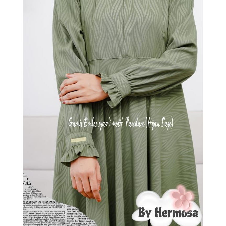 Gamis sage green syari wolfis embos motif pandan-gamis hermosa syari