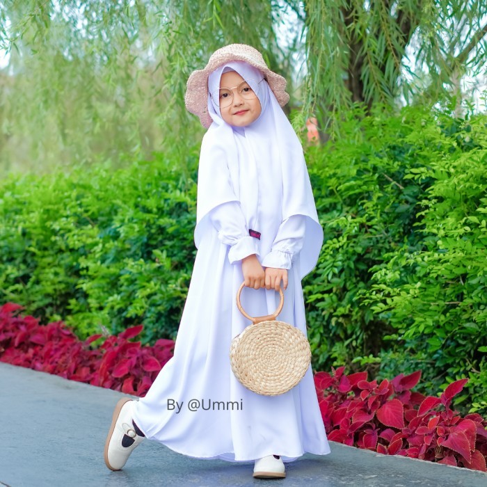 Gamis Ummi Polos Anak Perempuan Syar'I Set Hijab Warna Putih
