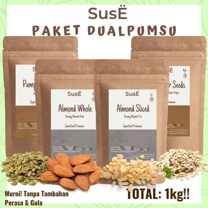 

Suse Dualpumsu Cemilan Bebas Gula Bebas Minyak Mix Almond Slice Sunflower dan Pumpkin seeds Mix