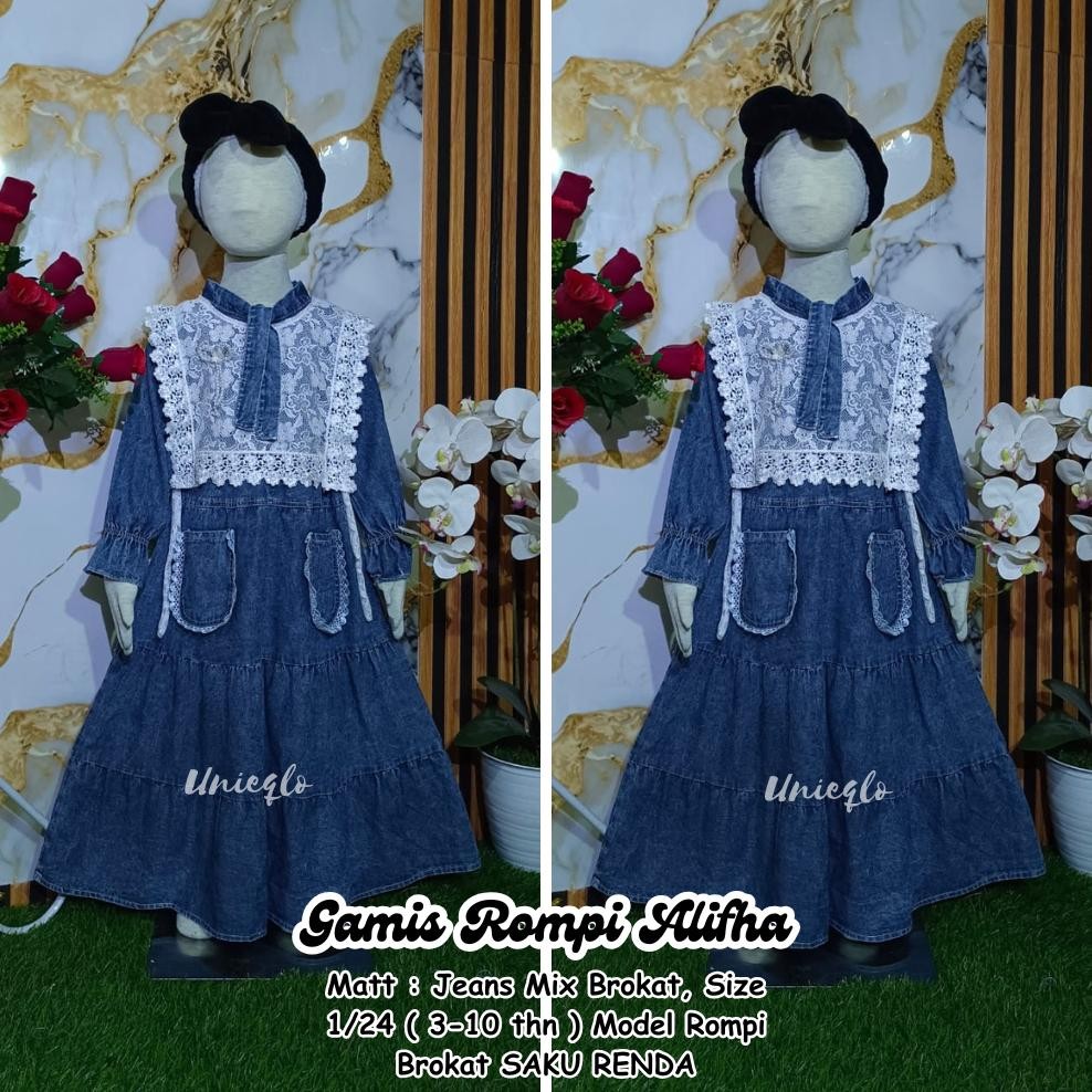 HK Gamis Rompi Brokat Full Jeans AGamis Rompi Brokat Full Jeans Alifha Kombinasi Saku Renda Anak Per