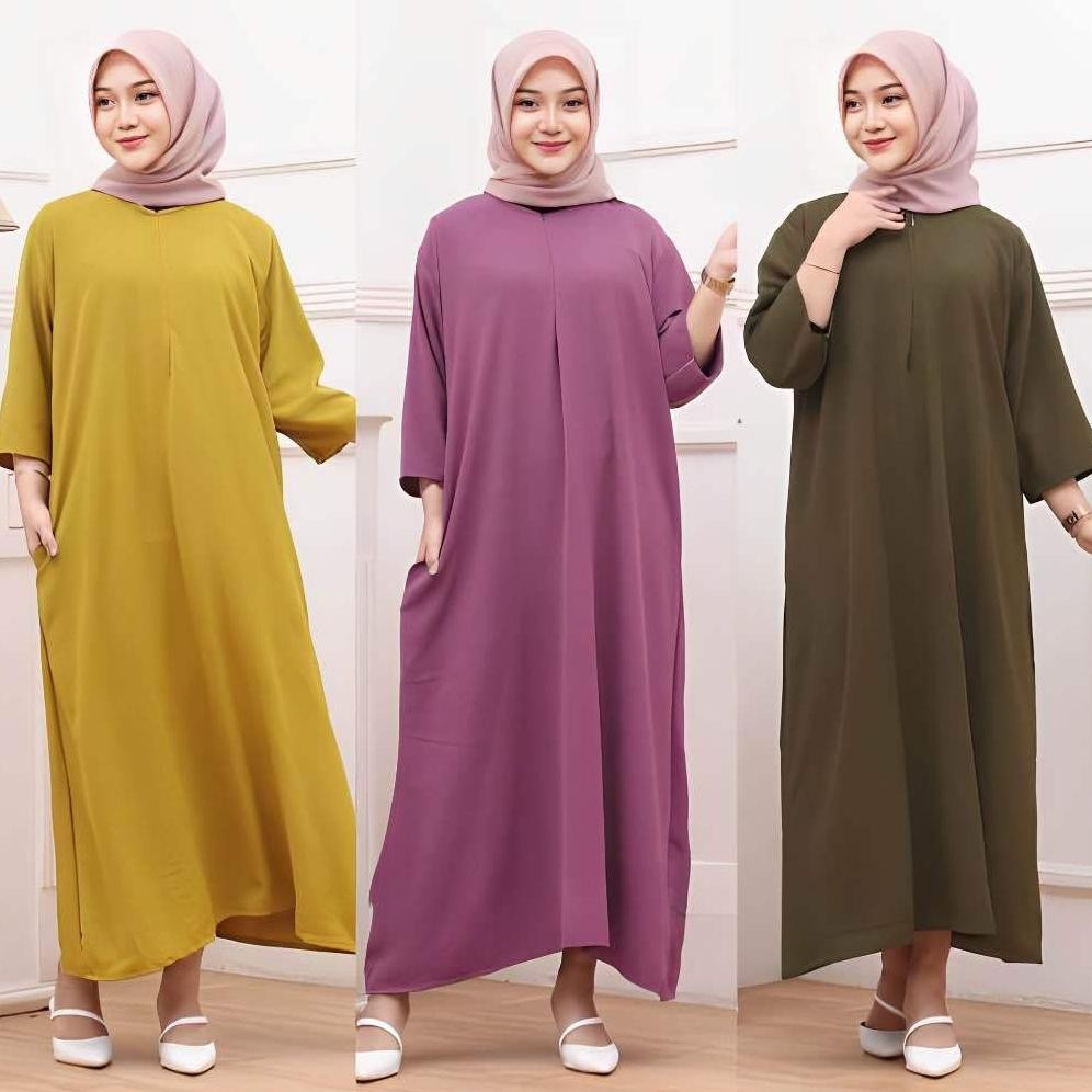CR - Dress Gamis Daster Tunik Crinkle Airflow Polos Busui Lengan 3/4 Baju Gamis Panjang Santai Haria