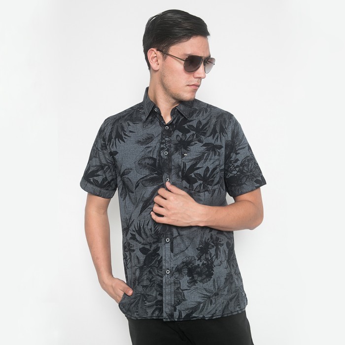 LGS - Kemeja Casual Pria - Motif Daun - Abu Gelap - Regular Fit