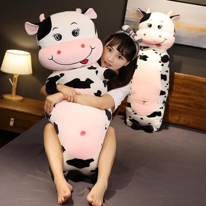 Boneka Sapi Jumbo Import 80 cm Giant Kawaii Plush Squish Guling Sapi Long Cuddly Cow Pillow mainan