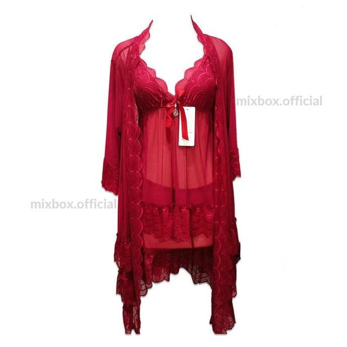 

Mixbox Setelan Kimono 4 In 1 Piyama Brukat Lace Lingerie Jumbo 3 Layer Ld 130 Transparan- Fiona Set Original