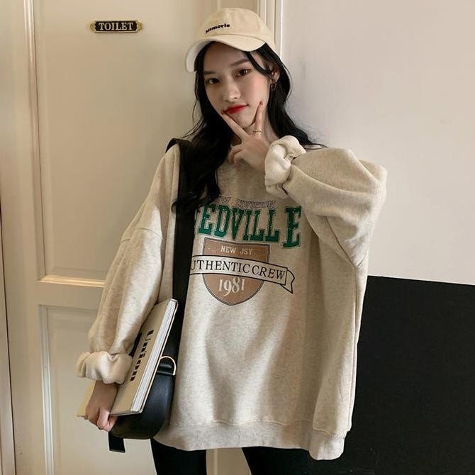 Promo Sweater Wanita Longgar Versi Korea Bf Malas Angin Leher Bulat Kasual Printing Ins Top Panjang 