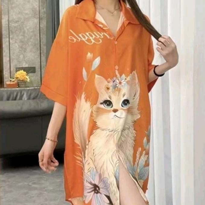 

Lingerie Kimono Kancing Depan Sexy Satin Silk Motif Kucing Orange Premium Import Original