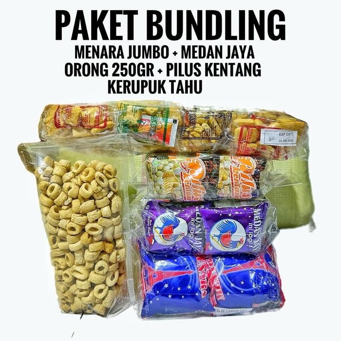 

PAKET HEMAT 5 SNACK/CEMILAN (MENARA JUMBO, MEDAN JAYA, PILUS KENTANG, 250GR ORONG-ORONG DAN KERUPUK