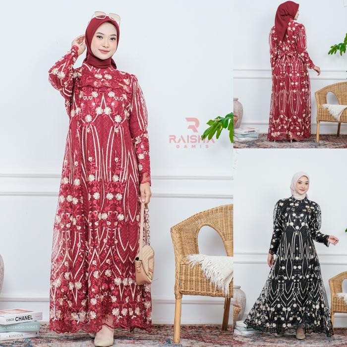 Raisha-Adiba Gaun Kondangan Mewah, Dress Pesta Untuk Wanita Muslim Bahan Full Tile Bordir Brokat