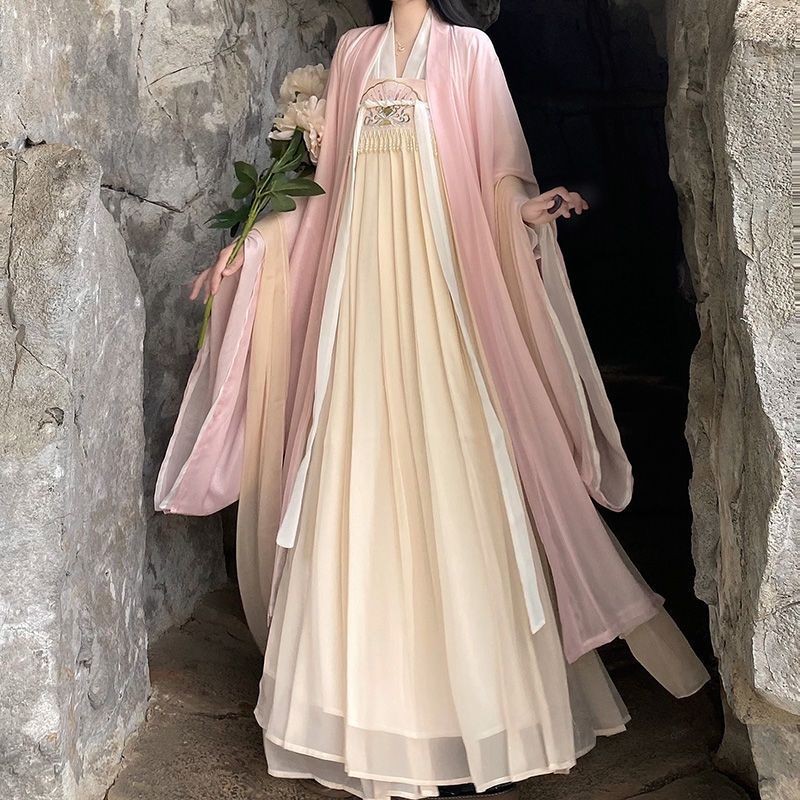 Hanfu Wanita Ruqun Pink Panjang Dada dengan Lengan Besar Set Lengkap Kostum Kuno Gaun Satu Potong