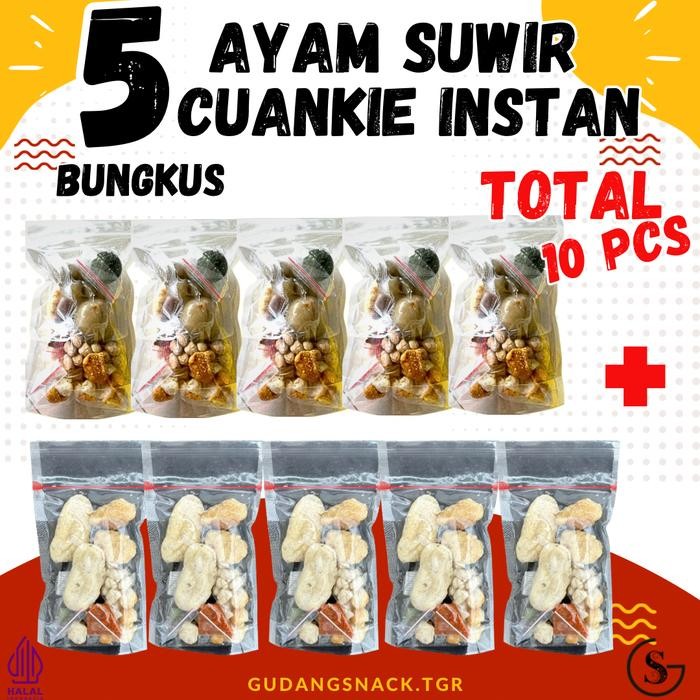

Paket Bundling 10 Mix Cuankie 5Pcs Boci Ayam Suwir Pedas 5 Pcs Hotpot Instan Food Kaldu Kuah Seblak