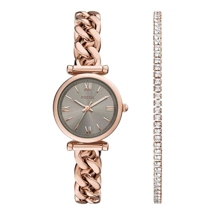 STOK TERBATAS Jam Tangan Wanita Fossil Carlie ES5378SET Ladies Gray Dial Rose Gold Stainless Steel
