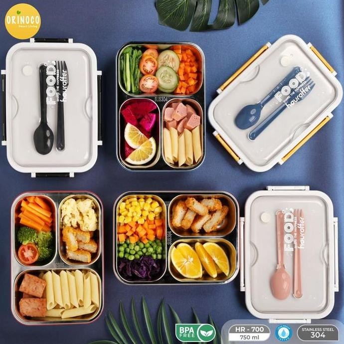 Promo Orinoco Lunchbox Stainless 3 Sekat Anti Bocor Anti Campur With Silikon Lid 750 Ml Kotak Makan 
