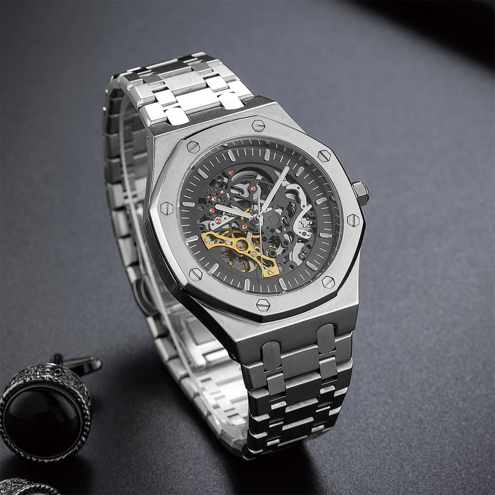 ADS Brand Mechanical Men Wristwatch Skeleton Luminous Pointer Brushed Stainless Steel Powerful Autom