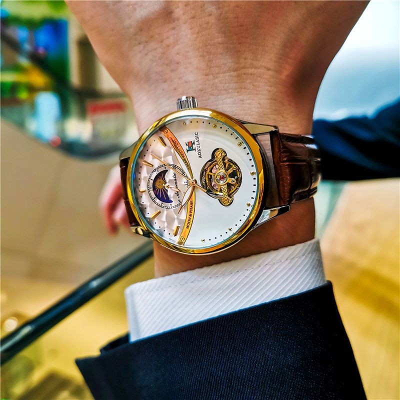 Jam Tangan Mekanis Otomatis Tourbillon Berongga Fashion Pria Bisnis Jam Tangan Tahan Air Bercahaya