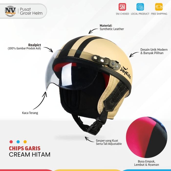 

TERMURAH Helm Anak Retro Chips Untuk Usia 1-5 Tahun Polos Garis Cream Coklat Free Kaca SNI
