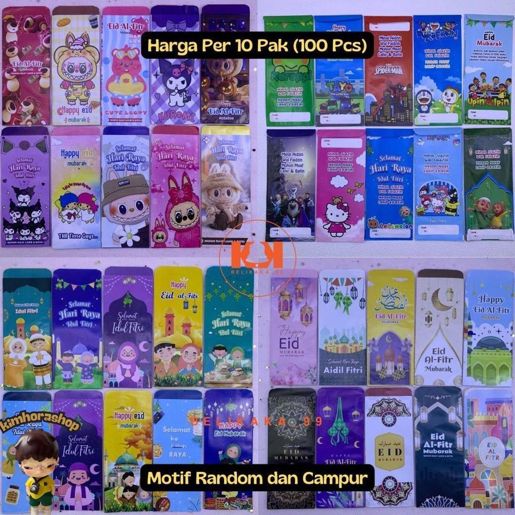 

(10 Pak Isi 100 Pcs - Besar - C) Amplop Lebaran Motif Karakter Kartun Muslim Ukuran Besar Siap Pakai Murah