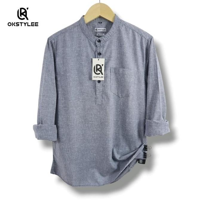 Kemeja Kemko Pria Basic Polos Lengan Panjang Linen Premium Kerah Koko Muslim Kurta Baju Dewasa Lenga