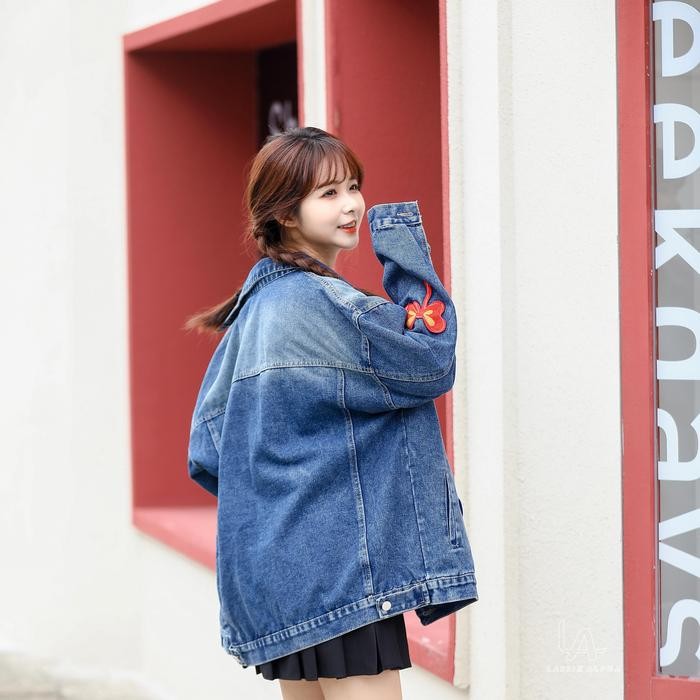 Lassie Alpha Jw07 Jaket Denim Jeans Sablon Motif Biru Jaket Jeans Wanita Oversize Jaket Outer Korean