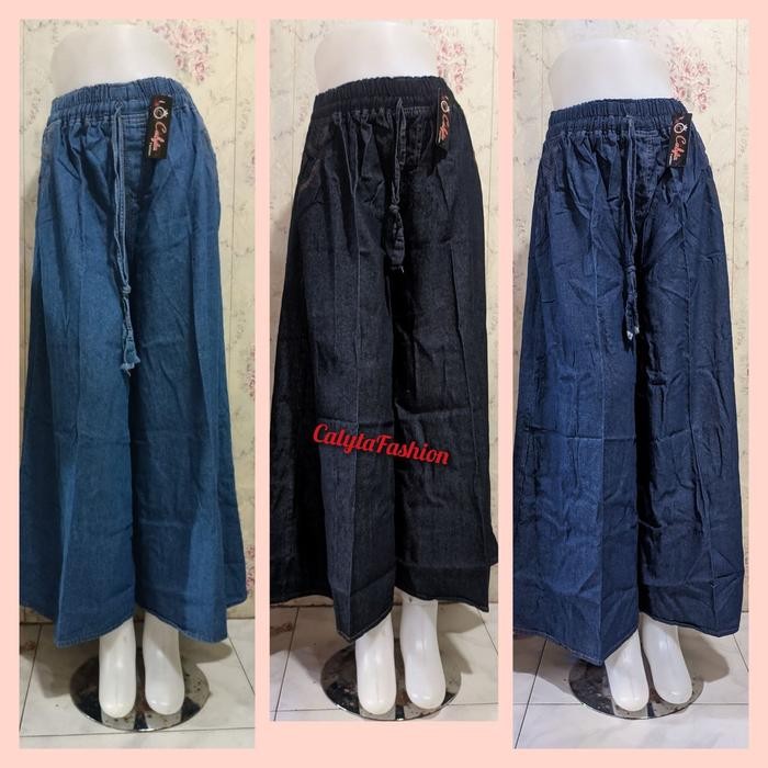 Kulot Jeans Super Jumbo Premium Max Bb 95 Kg Wanita Celana Panjang Hitam Katun Denim Waist Rawis