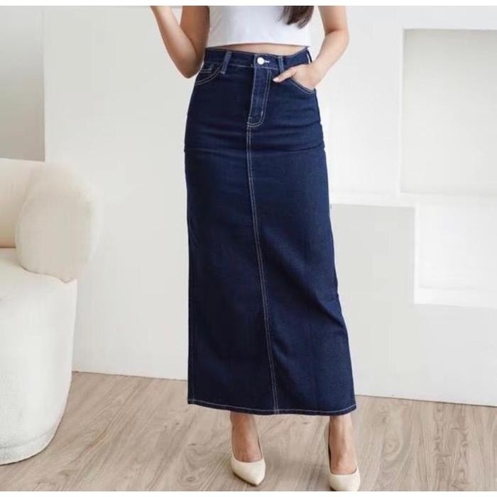 Rok Jeans Wanita Panjang Detail Kancing & Karet Rok Sobek Samping Nyaman Asli 100%