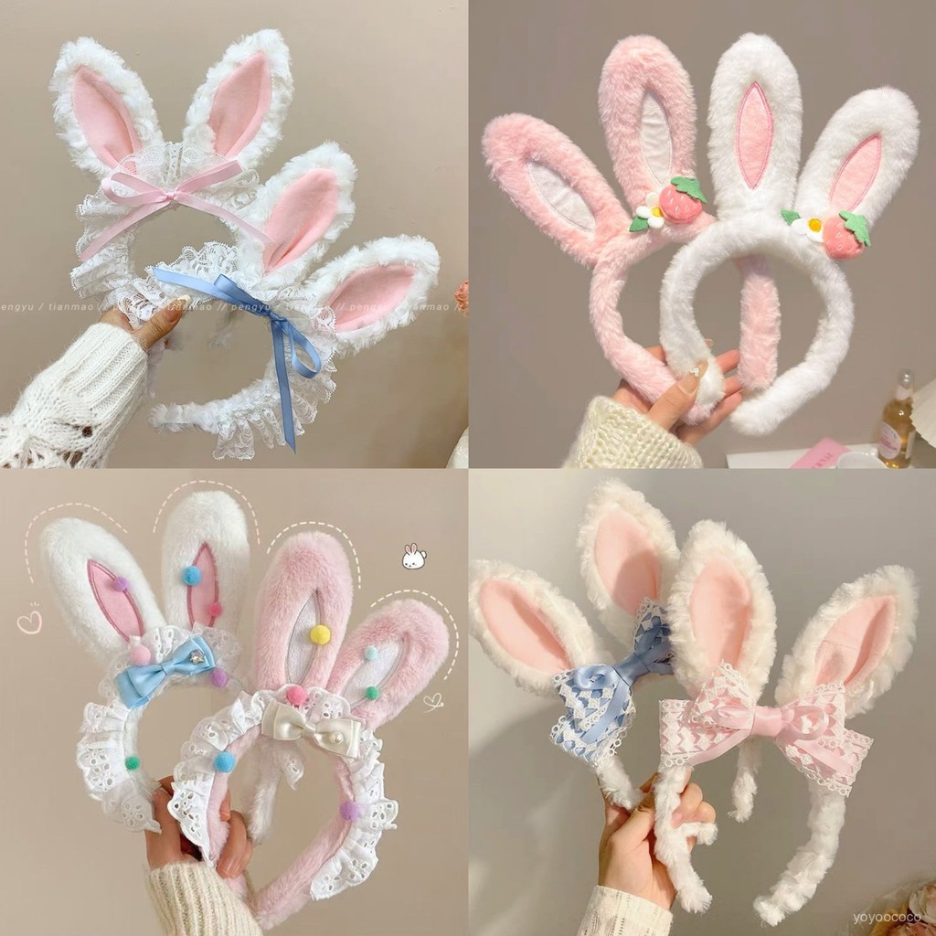 Lucu renda kelinci telinga renda ikat rambut anak perempuan kartun mewah mencuci wajah ikat rambut p
