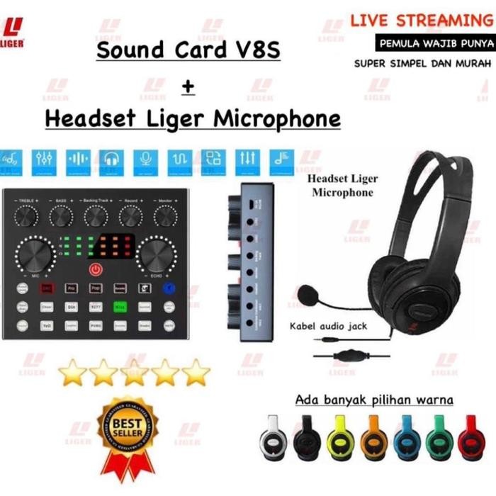 Paket Sound Card V8S Miko Kimiso Dan Headset Microphone Multifungsi Liger Full Set Lengkap Live
