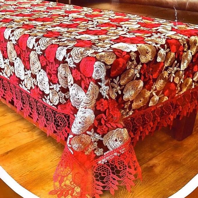 Taplak Meja Makan Renda Bordir | Taplak Meja Kain Segi Premium 6-8 Kursi