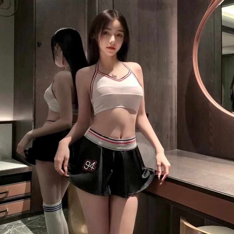 Color-Block Strap Sexy Deep V Nightclub Cheerleader Uniform