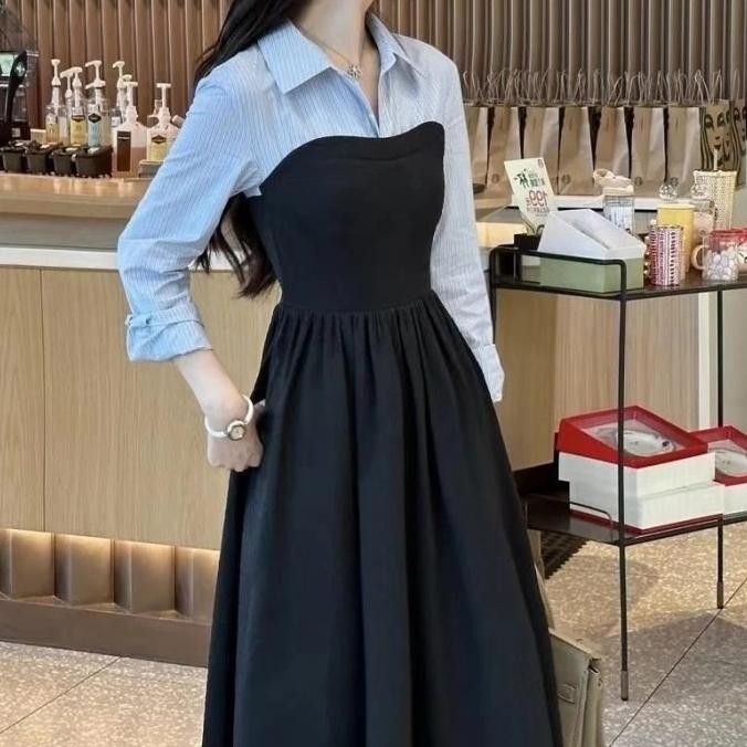 Midi Long Dress Kemeja Blue Collar Shirt Flowy Flare Elegant Korean Style Vintage Import KAL